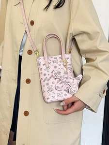 Mini Sac Seau Bandoulière Femme Cuir PU Imprimé Ours Dessin Animé Pochette Téléphone Avec Pendentif Chien Sac à Main Épaule
