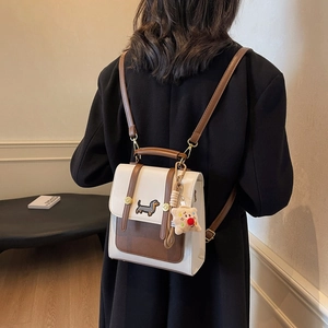 Women's vintage color-block backpack with dachshund embroidery and teddy bear charm