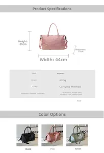 Detailed size specifications and color options for the large travel duffle bag
