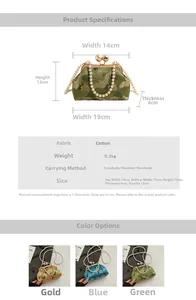 Detailed dimension chart and fabric specifications for this Chinese style pearl evening bag