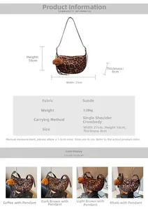 Detailed size and specs of the leopard print faux suede crescent crossbody bag with dimensions