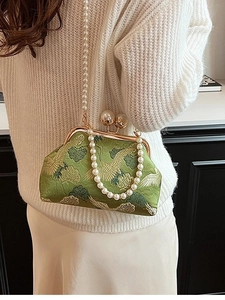 Green silk brocade crane embroidery handbag with double pearl chain straps for women