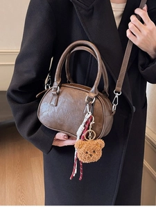Vintage Women PU Leather Boston Handbag Retro Small Crossbody Shoulder Bag With Bear Charm Fashion Commute Pillow Bag