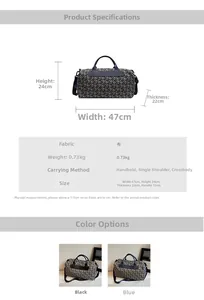 Detailed size guide for large capacity travel bag showing dimensions and fabric specs