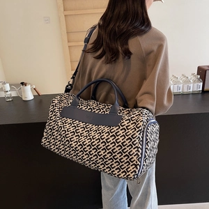 Large capacity canvas travel tote bag with C-pattern texture and navy leather straps