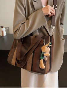 Women Striped Canvas Tote Bag Large Capacity Shoulder Crossbody Bag With Plush Bunny Charm Fashion Commuting Travel Handbag