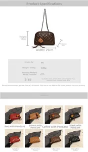 Detailed size chart and specifications for the quilted PU leather chain shoulder bag