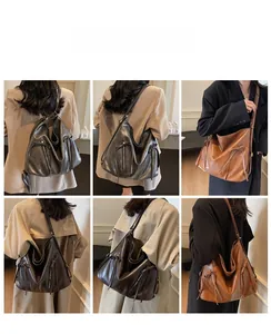 Detailed views of vintage large capacity PU leather tote bags in black, coffee, and caramel