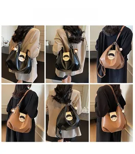 Detailed views of versatile casual shoulder bag featuring cartoon patchwork and plush charm