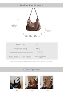 Detailed chart showing PU tote bag dimensions, multi-way straps, and leopard print options