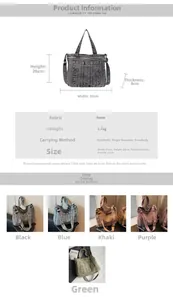 Detailed size and color specs for vintage denim tote bag with five color options