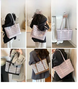 Three colors of large plaid tote bags shown in a collage of indoor lifestyle scenes