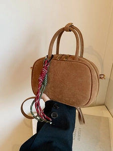 Sac de Bowling Vintage en PU Dépoli Texture Daim pour Femmes Petit Sac Bandoulière Rétro avec Bandoulière Amovible Sac à Main Quotidien