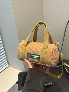 Women Fashion Corduroy Cylindrical Crossbody Bag Small Soft Barrel Shoulder Bag With Adjustable Strap Casual Handbag For Daily Travel