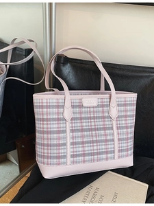 Pink plaid woven tote bag with faux leather handles for women's daily commute fashion