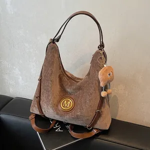 Womens Retro Corduroy Leopard Print Large Tote Bag High Capacity Shoulder Bag With Plush Charm For Commuting Daily School Work