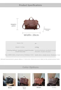 Detailed size and material specification chart for the vintage PU leather backpack
