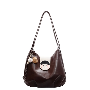 Vintage dark brown hobo shoulder bag with baseball smiley design and sports charms