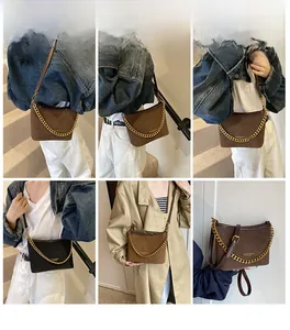 Detail shots showing vintage matte bucket bag with gold chain and crossbody strap
