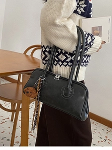 Vintage Women PU Leather Underarm Bag Fashion Baguette Shoulder Bag With Plush Bear Charm Daily Commuting Handbag Purse
