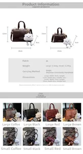 Size chart showing large and small PU leather handbags in black, brown, red, and coffee