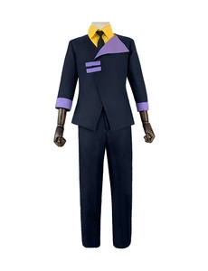 Detail view of Spike Spiegel cosplay outfit with blue jacket and yellow shirt set