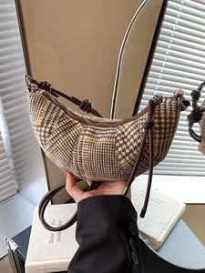Borsa a Tracolla Vintage a Quadri Pied de Poule da Donna Retrò Croissant Mezza Luna Borsa a Spalla Con Cinturino a Nodo Moda