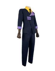 Detailed view of Spike Spiegel cosplay suit with navy jacket, yellow shirt and black tie