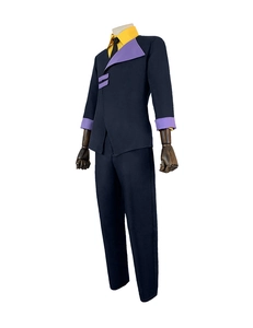 Detail view of Spike Spiegel cosplay suit with blue blazer, yellow shirt and tie