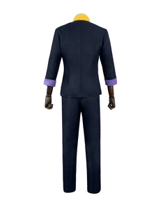 Rear view of Spike Spiegel blue cosplay suit with yellow collar and purple cuffs details