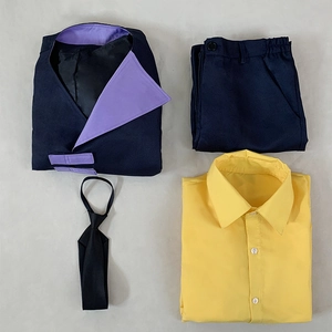 Cosplay suit set for Spike Spiegel featuring navy jacket, yellow shirt, and black necktie