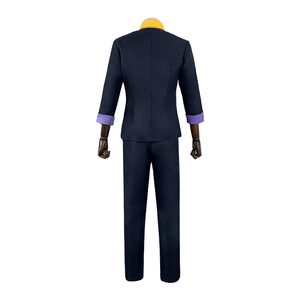Navy blue Spike Spiegel cosplay suit with yellow collar and purple cuffs, back view