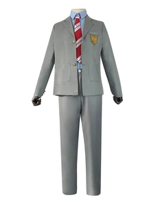 Gedetailleerd schooluniform cosplay-set met grijze blazer, gouden embleem en nette stropdas