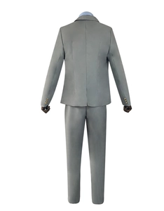 Achteraanzicht grijs schooluniform pak met getailleerde pasvorm en gouden knopen