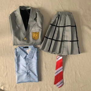 Anime cosplay schooluniform set met grijze blazer, blauw overhemd, rok en stropdas