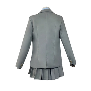 Grijs schooluniform set met getailleerde blazer en plooirok achteraanzicht beeld