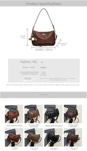 Detailed size chart showing dimensions and PU material specs for the crossbody bag