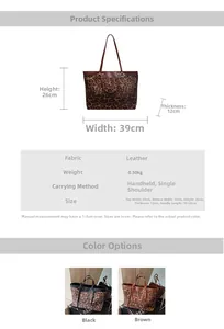 Detailed size guide for leopard print suede tote bag with dimensions and strap height