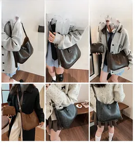 Retro leather shoulder bag set showing dual-style wear with adjustable golden strap