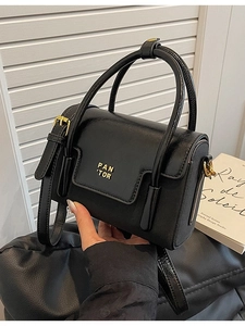 Chic black leather square handbag with gold logo and adjustable shoulder strap for women