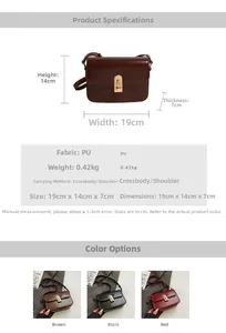 Detailed size chart for retro PU crossbody bag showing 19x14x7cm dimensions and colors