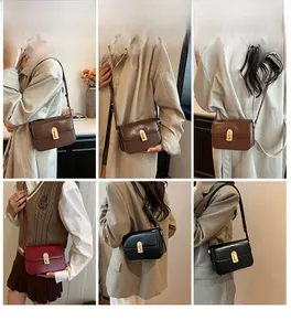 Collage of chic vintage leather crossbody square bags in black, brown, and burgundy colors