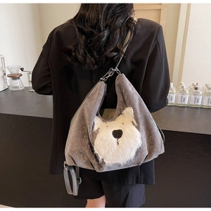 Detail of grey velvet backpack with white plush dog face design on model in cafe