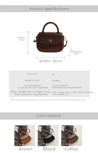 Detailed size and color chart for retro PU leather satchel with dimensions and logo detail
