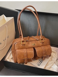 Vintage brown PU leather shoulder bag with gold hardware in a gift box presentation