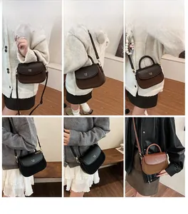 Collage of model wearing a vintage patchwork crossbody bag in multiple poses