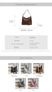 Detailed view showing nylon quilted bag dimensions, soft texture, and available colors