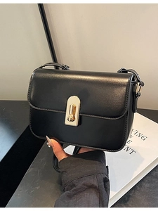 Classic black PU leather small square crossbody bag with elegant gold U-shaped metal lock