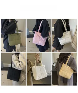 Quilted puffer tote bags displayed in six colors including olive green, pink, and yellow