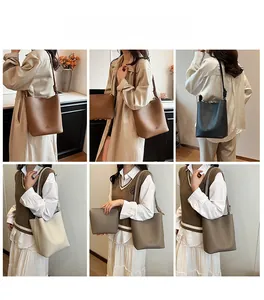 Collage of leather bucket bags in multiple colors with long knotted shoulder straps